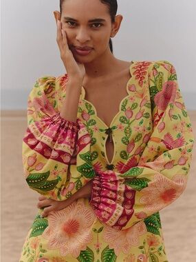 Farm Rio Floral Keyhole Dress with Puff Sleeves